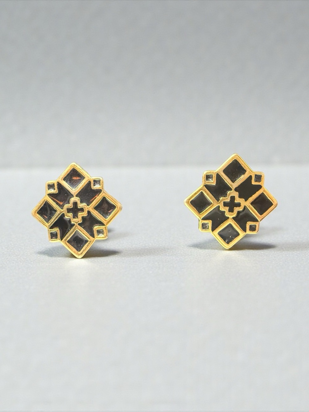 Vintage Monet Black Enamel Gold Tone Geometric Stud Earrings 80s Art Deco